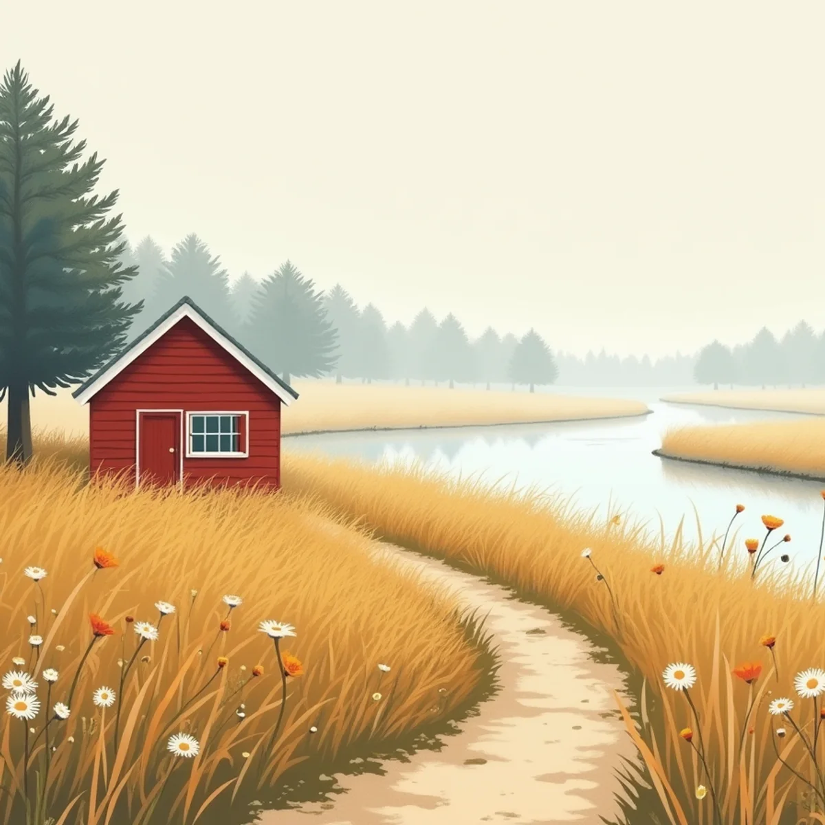 En klippt gräsgång genom en sommaräng, ner mot stilla vatten i morgondis, med ett rött hus till vänster