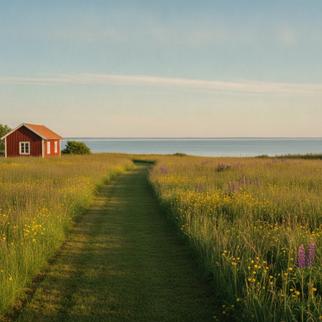 Blommande äng med en stig ner mot havet och ett rött hus