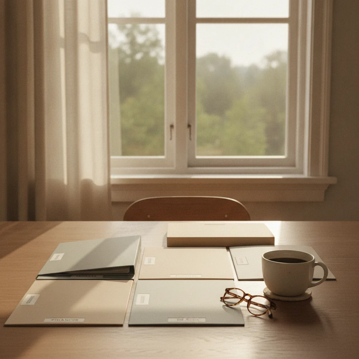 Sorterade dokument på ett bord vid fönstret, med glasögon och en kaffekopp